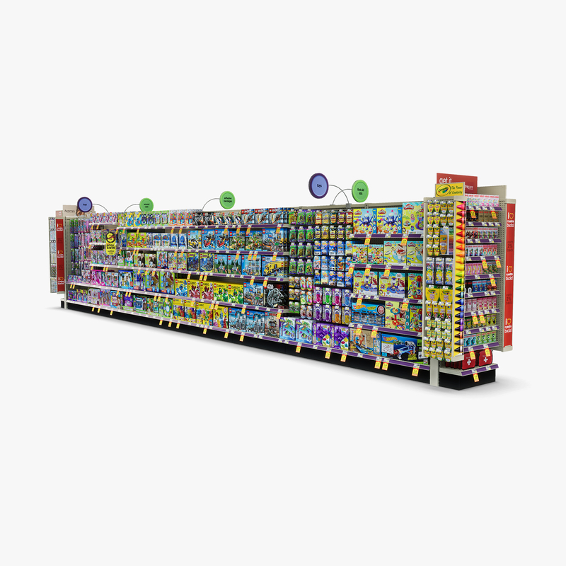 3D Model of Drug store aisle featuring First Aid & Toy products - 3D Render 1