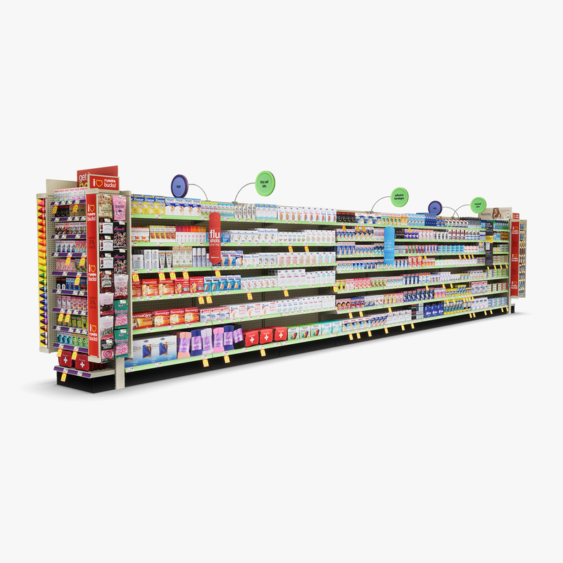3D Model of Drug store aisle featuring First Aid & Toy products - 3D Render 2