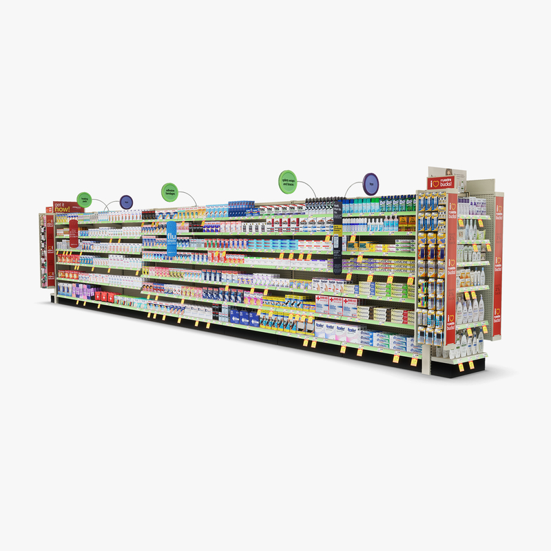 3D Model of Drug store aisle featuring First Aid & Toy products - 3D Render 3