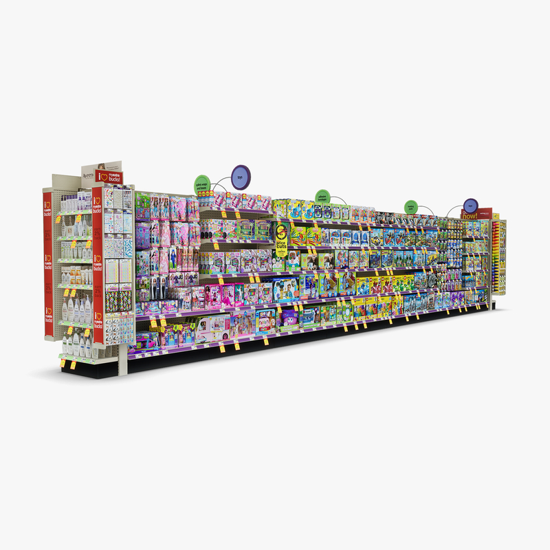 3D Model of Drug store aisle featuring First Aid & Toy products - 3D Render 4