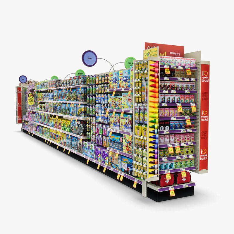 3D Model of Drug store aisle featuring First Aid & Toy products - 3D Render 5