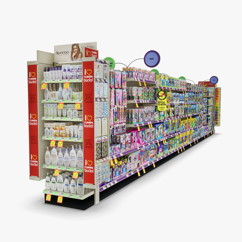 3D Model of Drug store aisle featuring First Aid & Toy products - 3D Render 6