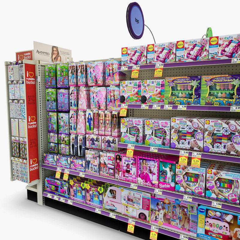 3D Model of Drug store aisle featuring First Aid & Toy products - 3D Render 7