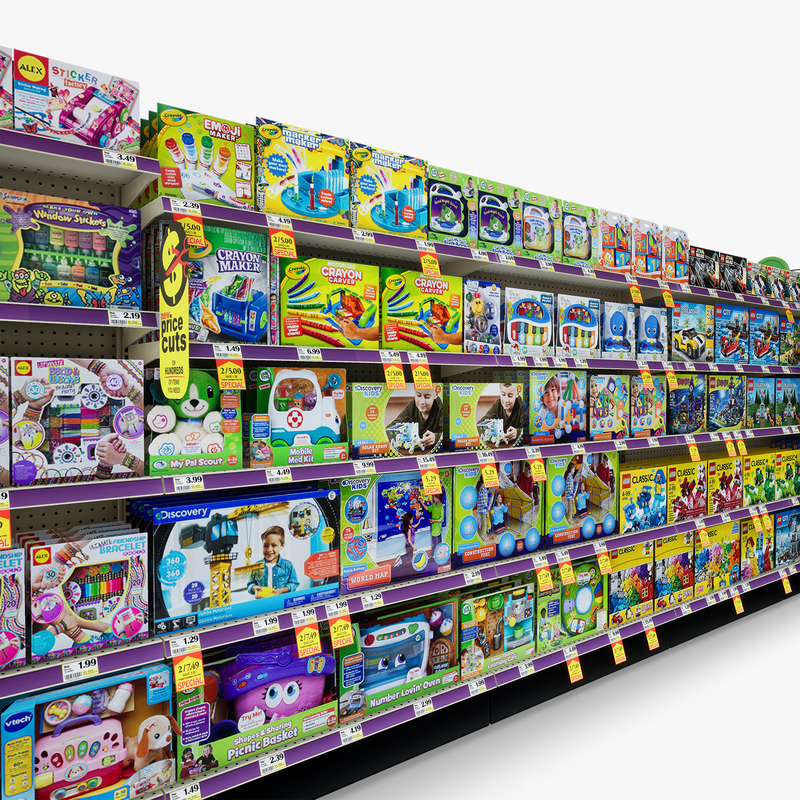 3D Model of Drug store aisle featuring First Aid & Toy products - 3D Render 8