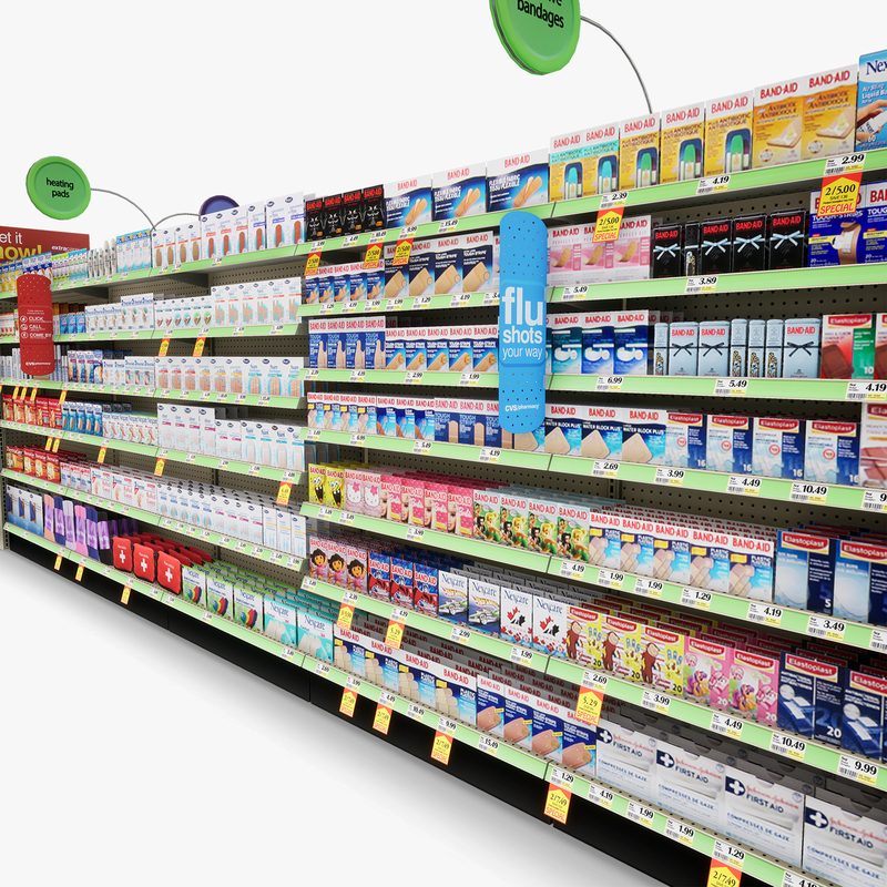 3D Model of Drug store aisle featuring First Aid & Toy products - 3D Render 11
