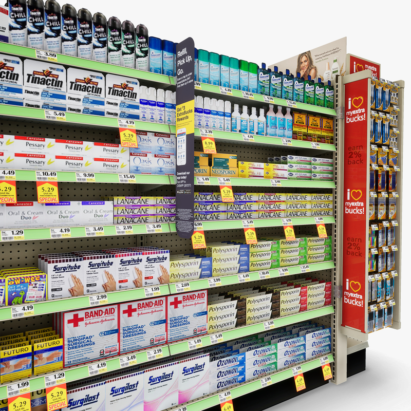 3D Model of Drug store aisle featuring First Aid & Toy products - 3D Render 12