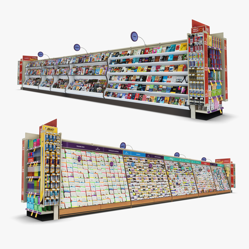 3D Model of Drug store aisle featuring Magazine & Greeting Card products - 3D Render 0