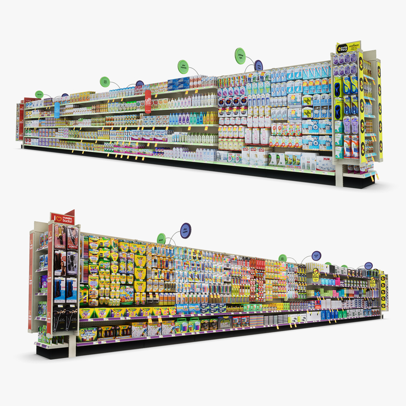 3D Model of Drug store aisle featuring Office & Baby products - 3D Render 0