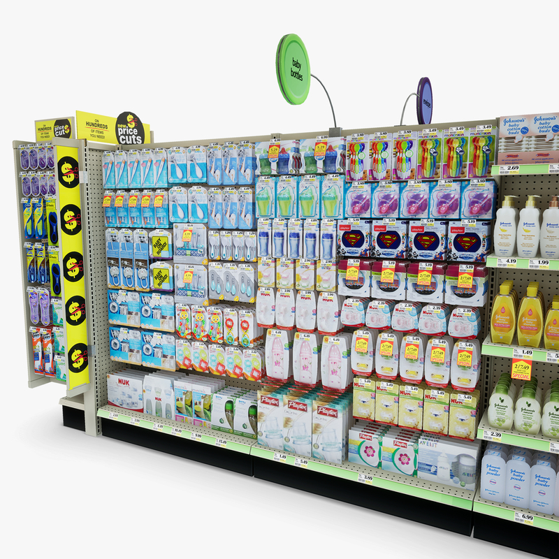 3D Model of Drug store aisle featuring Office & Baby products - 3D Render 7