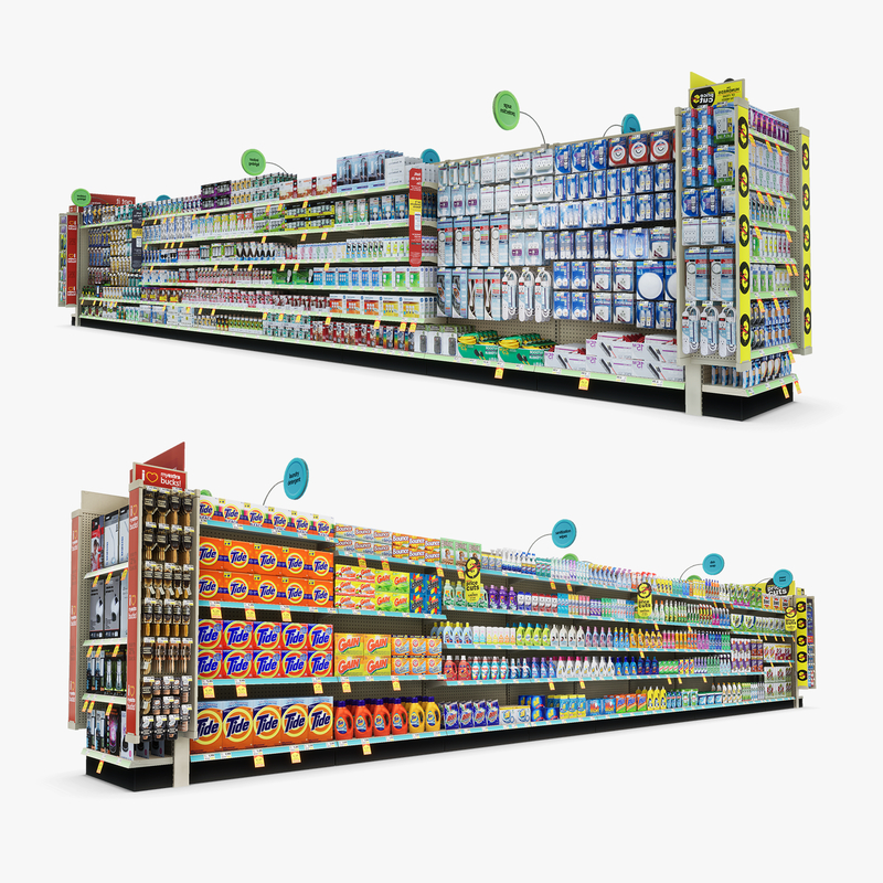 3D Model of Drug store aisle featuring Electrical & Cleaning products - 3D Render 0
