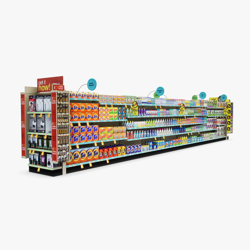 3D Model of Drug store aisle featuring Electrical & Cleaning products - 3D Render 2