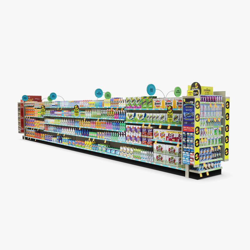 3D Model of Drug store aisle featuring Electrical & Cleaning products - 3D Render 3