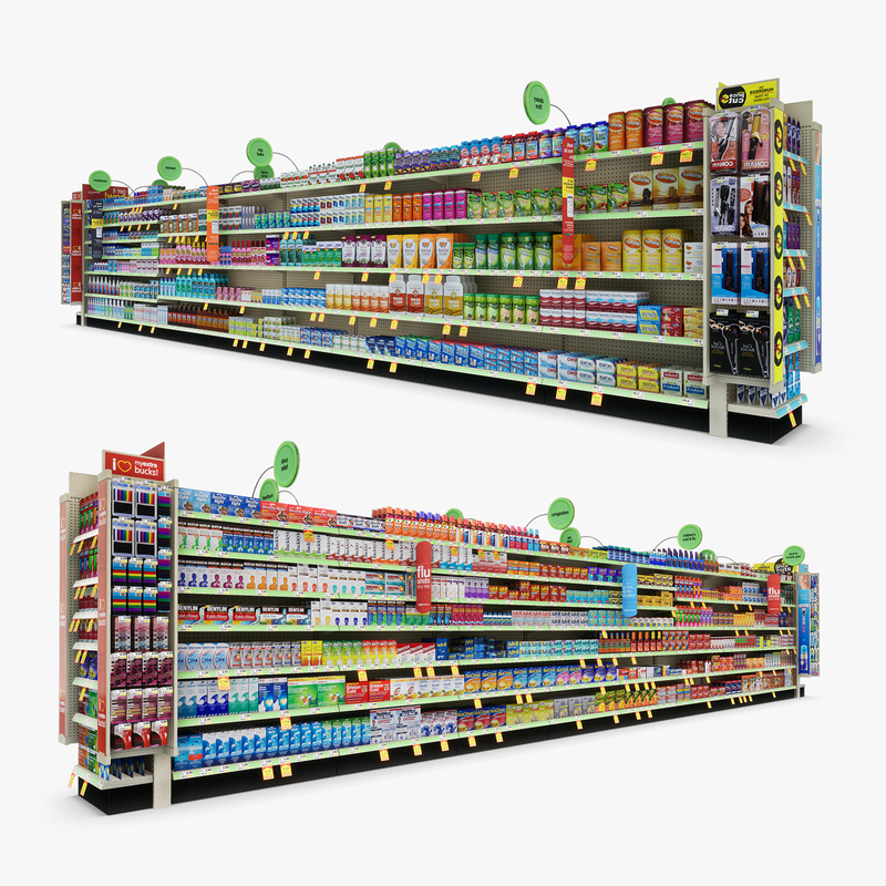 3D Model of Drug store aisle featuring Stomach & Flu Remedy products - 3D Render 0