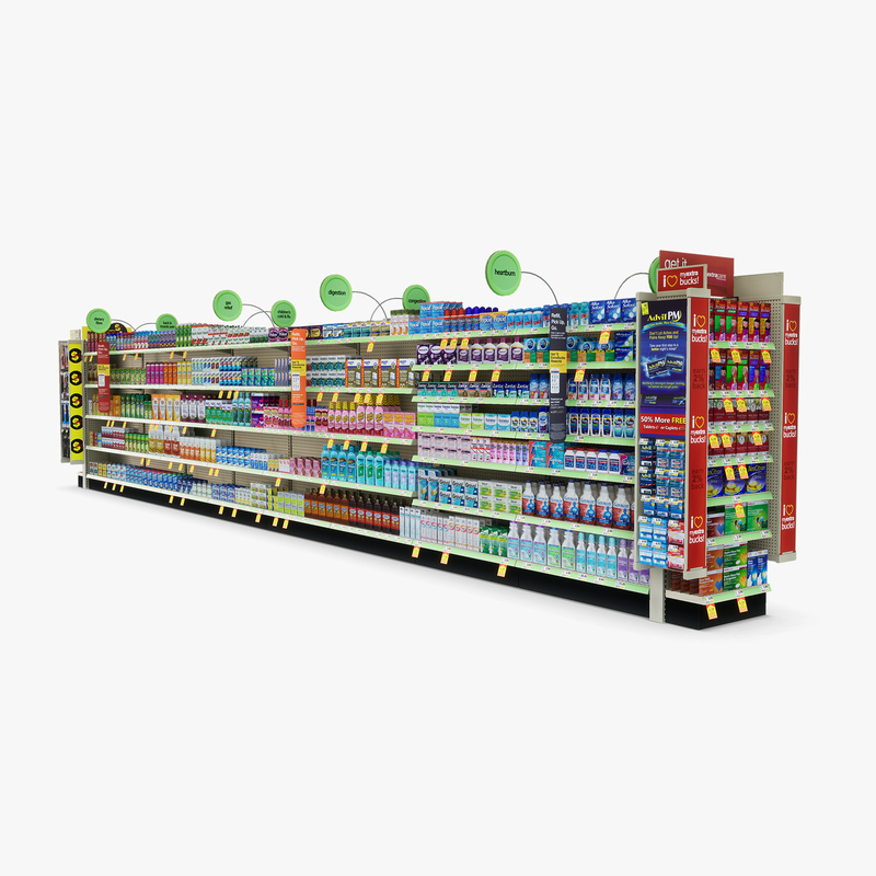 3D Model of Drug store aisle featuring Stomach & Flu Remedy products - 3D Render 1
