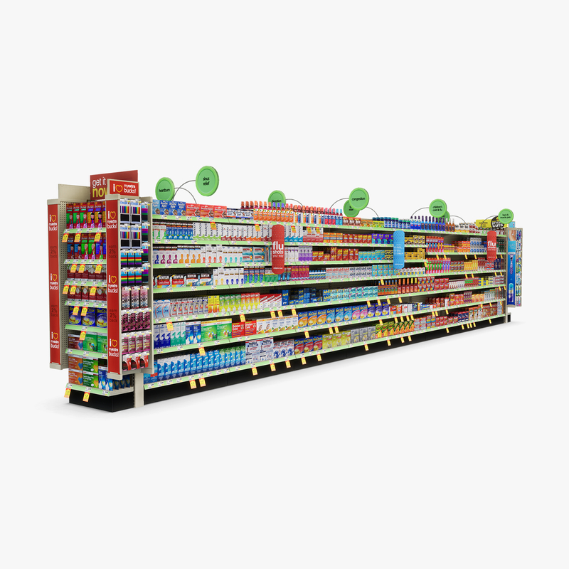 3D Model of Drug store aisle featuring Stomach & Flu Remedy products - 3D Render 2