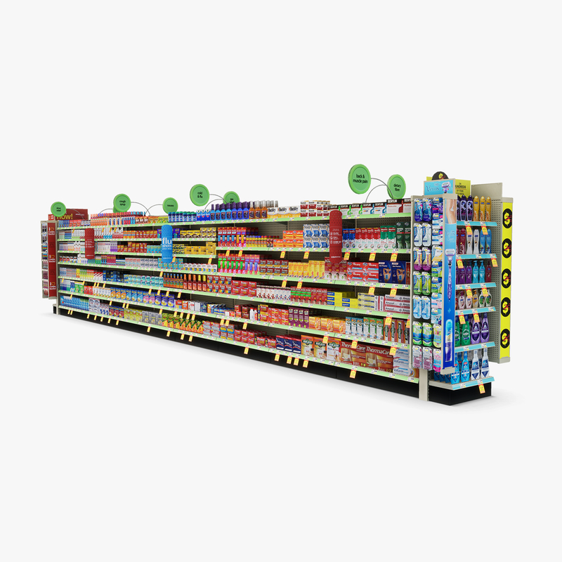 3D Model of Drug store aisle featuring Stomach & Flu Remedy products - 3D Render 3