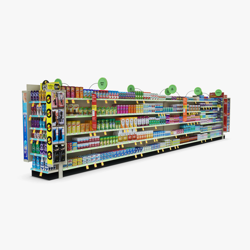 3D Model of Drug store aisle featuring Stomach & Flu Remedy products - 3D Render 4