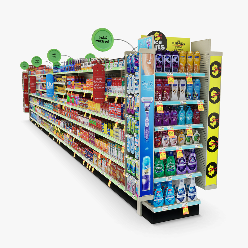 3D Model of Drug store aisle featuring Stomach & Flu Remedy products - 3D Render 6