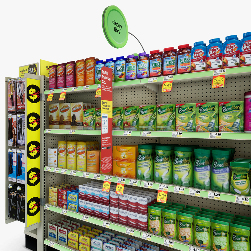 3D Model of Drug store aisle featuring Stomach & Flu Remedy products - 3D Render 7