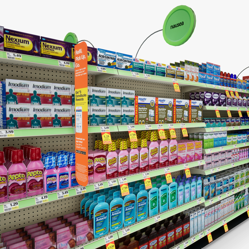 3D Model of Drug store aisle featuring Stomach & Flu Remedy products - 3D Render 8