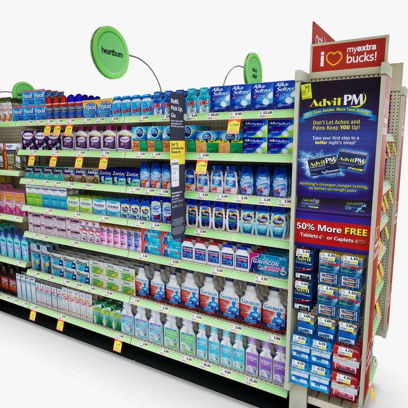 3D Model of Drug store aisle featuring Stomach & Flu Remedy products - 3D Render 9