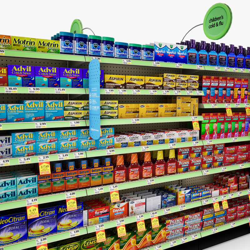 3D Model of Drug store aisle featuring Stomach & Flu Remedy products - 3D Render 11