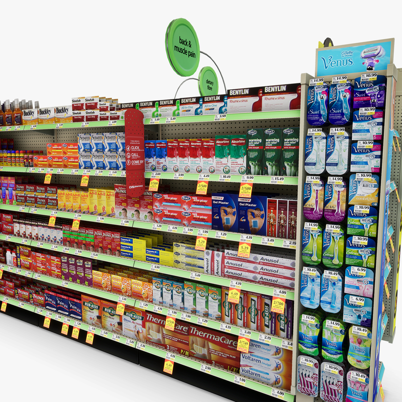 3D Model of Drug store aisle featuring Stomach & Flu Remedy products - 3D Render 12