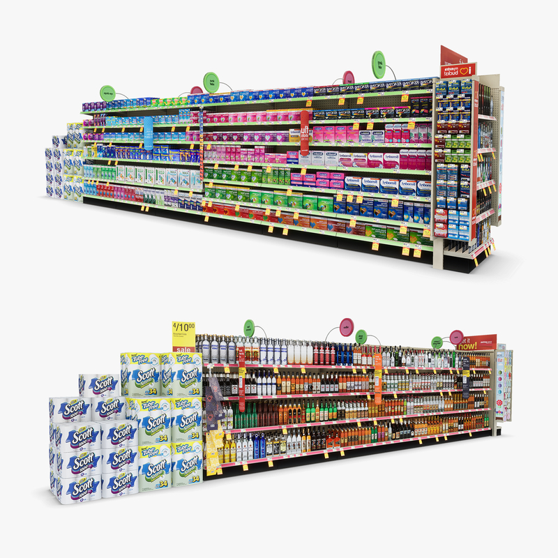 3D Model of Drug store aisle featuring Allergy & Liquor products - 3D Render 0