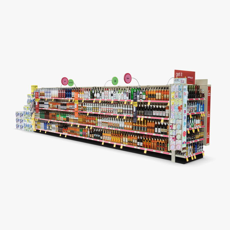 3D Model of Drug store aisle featuring Allergy & Liquor products - 3D Render 1
