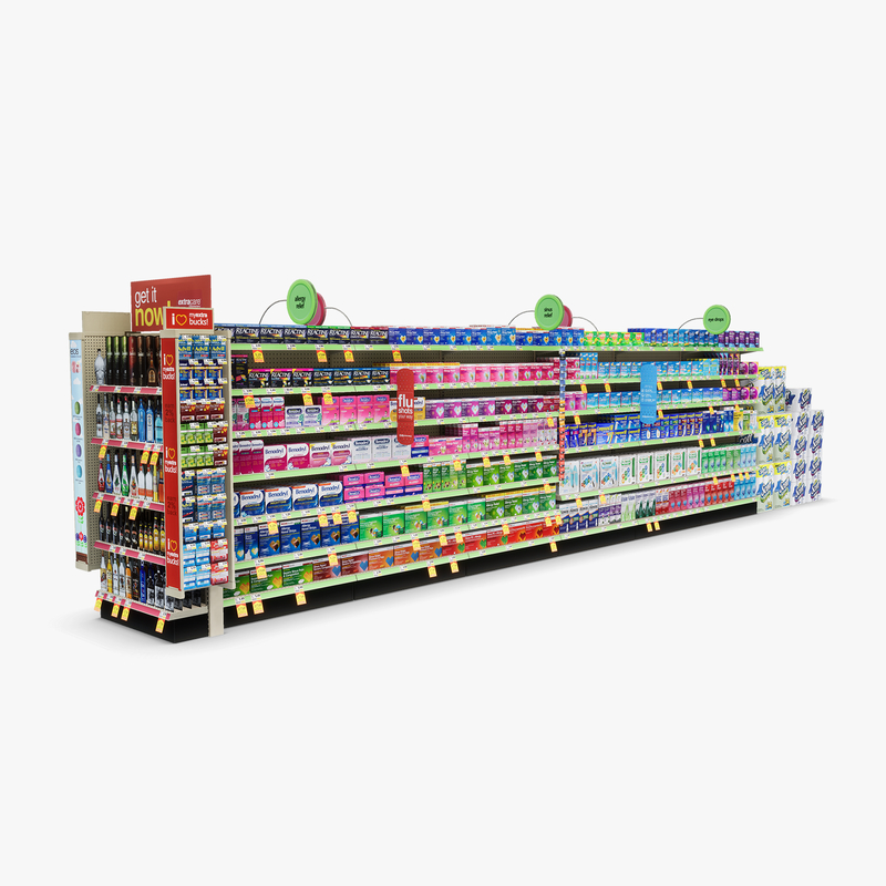 3D Model of Drug store aisle featuring Allergy & Liquor products - 3D Render 2