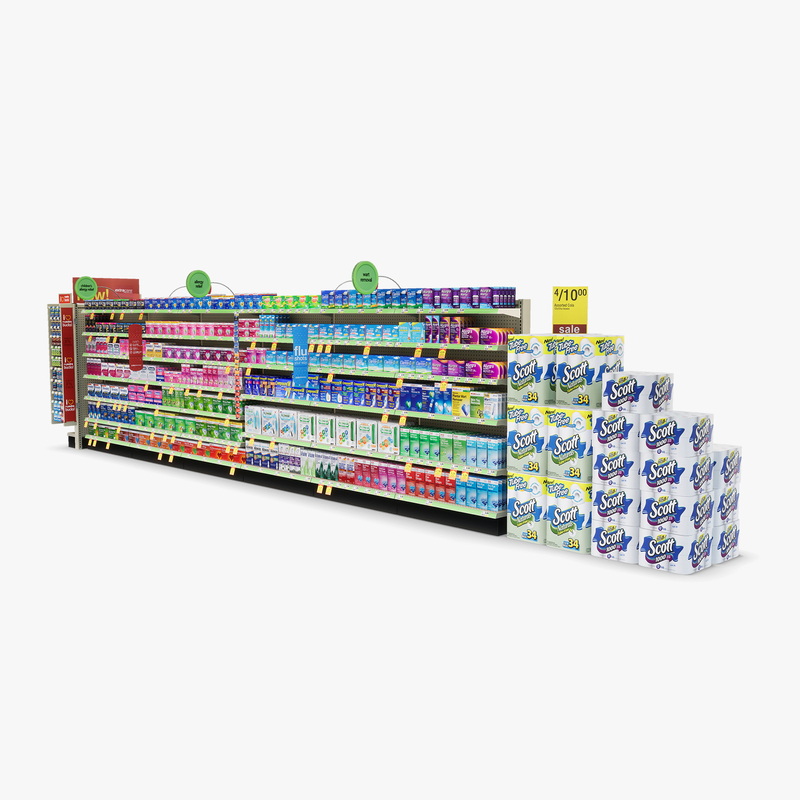 3D Model of Drug store aisle featuring Allergy & Liquor products - 3D Render 3