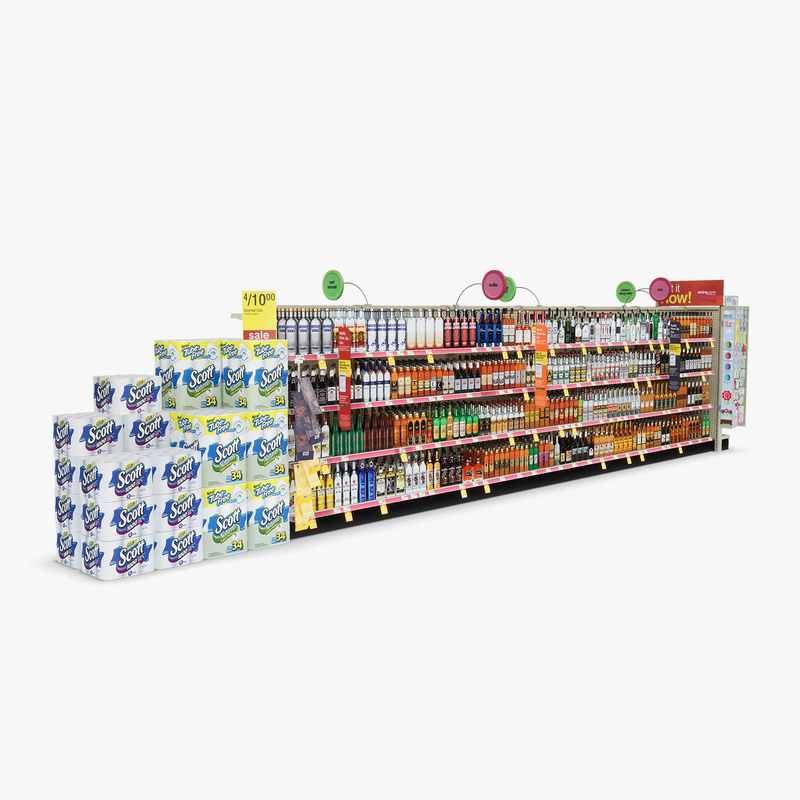 3D Model of Drug store aisle featuring Allergy & Liquor products - 3D Render 4
