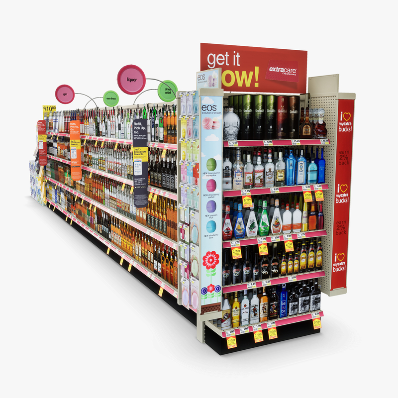 3D Model of Drug store aisle featuring Allergy & Liquor products - 3D Render 5