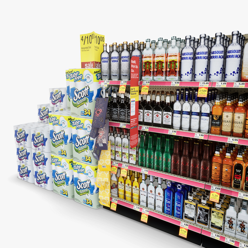 3D Model of Drug store aisle featuring Allergy & Liquor products - 3D Render 7