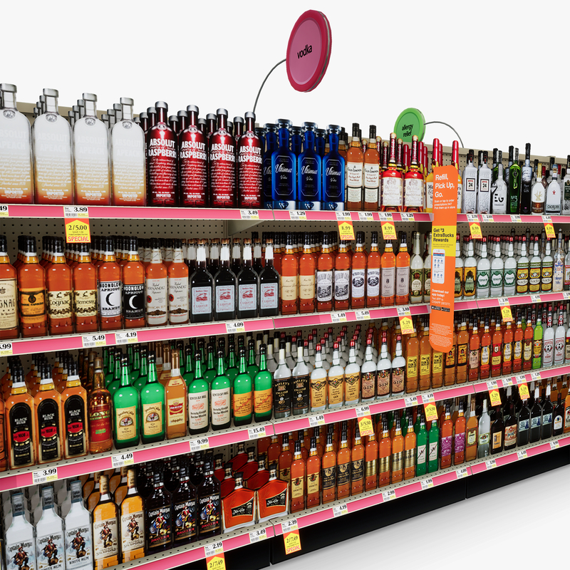3D Model of Drug store aisle featuring Allergy & Liquor products - 3D Render 8