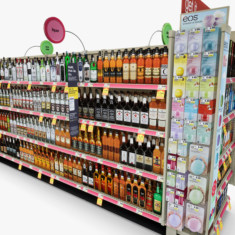3D Model of Drug store aisle featuring Allergy & Liquor products - 3D Render 9