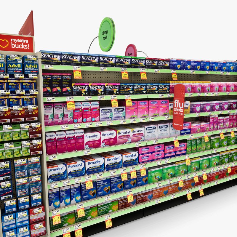 3D Model of Drug store aisle featuring Allergy & Liquor products - 3D Render 10