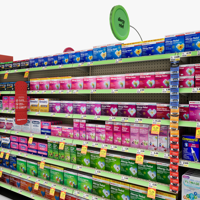3D Model of Drug store aisle featuring Allergy & Liquor products - 3D Render 11