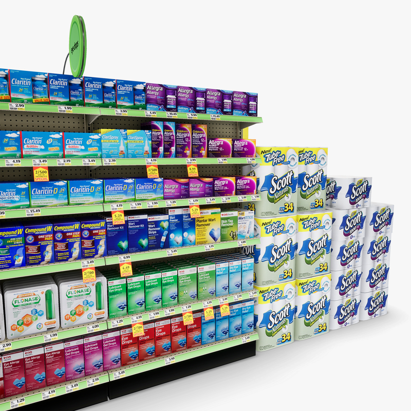 3D Model of Drug store aisle featuring Allergy & Liquor products - 3D Render 12